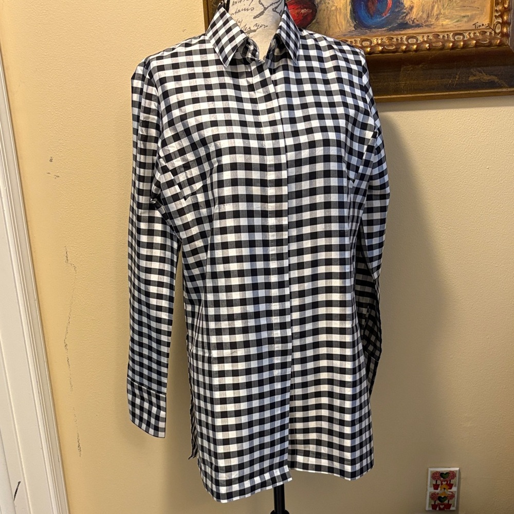 🏁Charlotte Kellogg Palm Beach Raw Silk Checkered Hideaway Button down Shirt